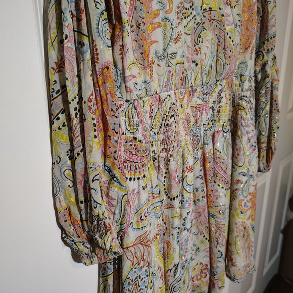 Boston Proper Paisley Bell Sleeves Metallic Threaded Mini Dress Smocked Waist - Picture 10 of 14